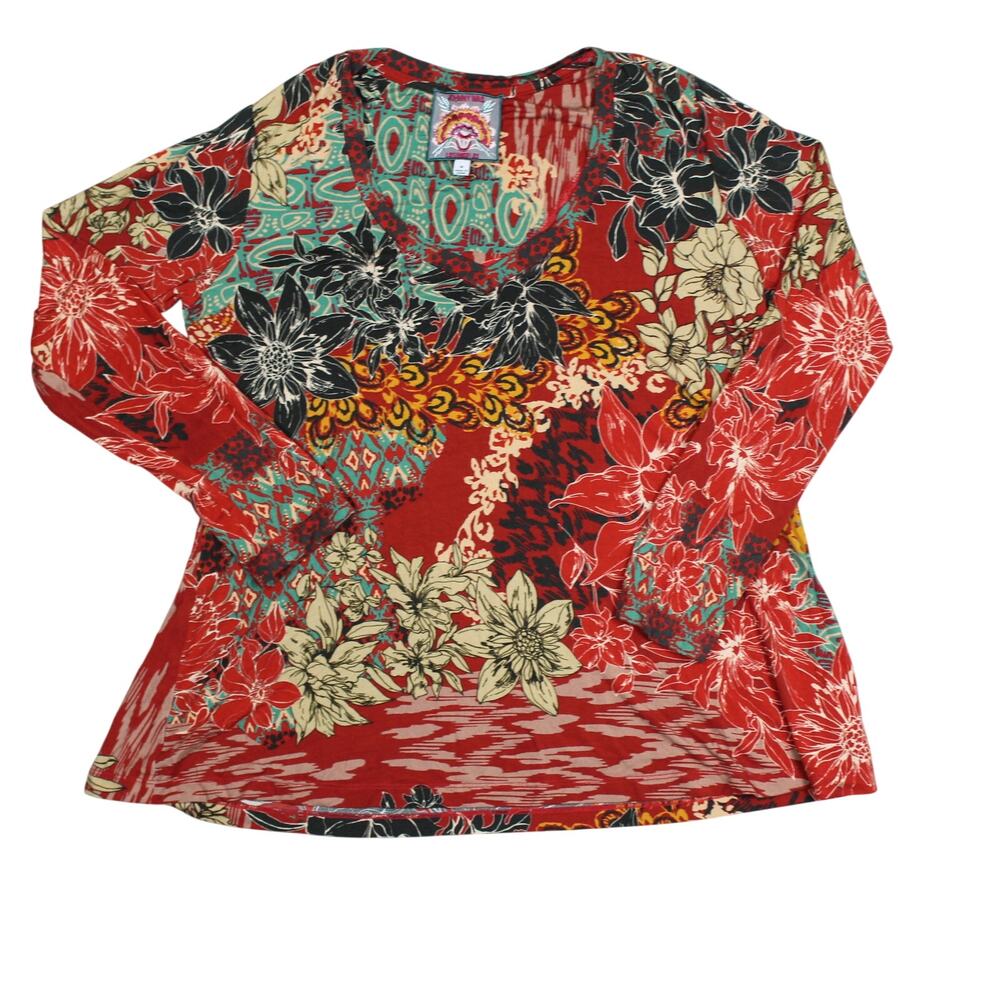 Johnny Was Ikat Patch Swing Favorite Tee Womens Medium Floral Boho Top Blouse